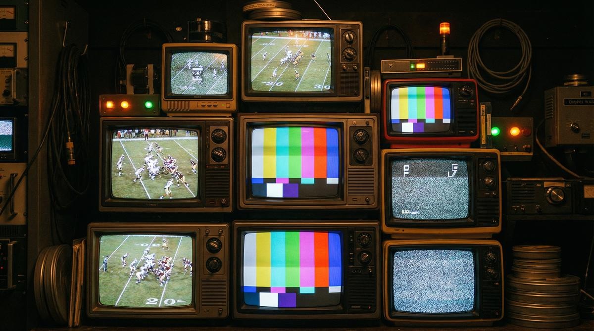 多台彩色复古电视展示不同足球频道 - im电竞